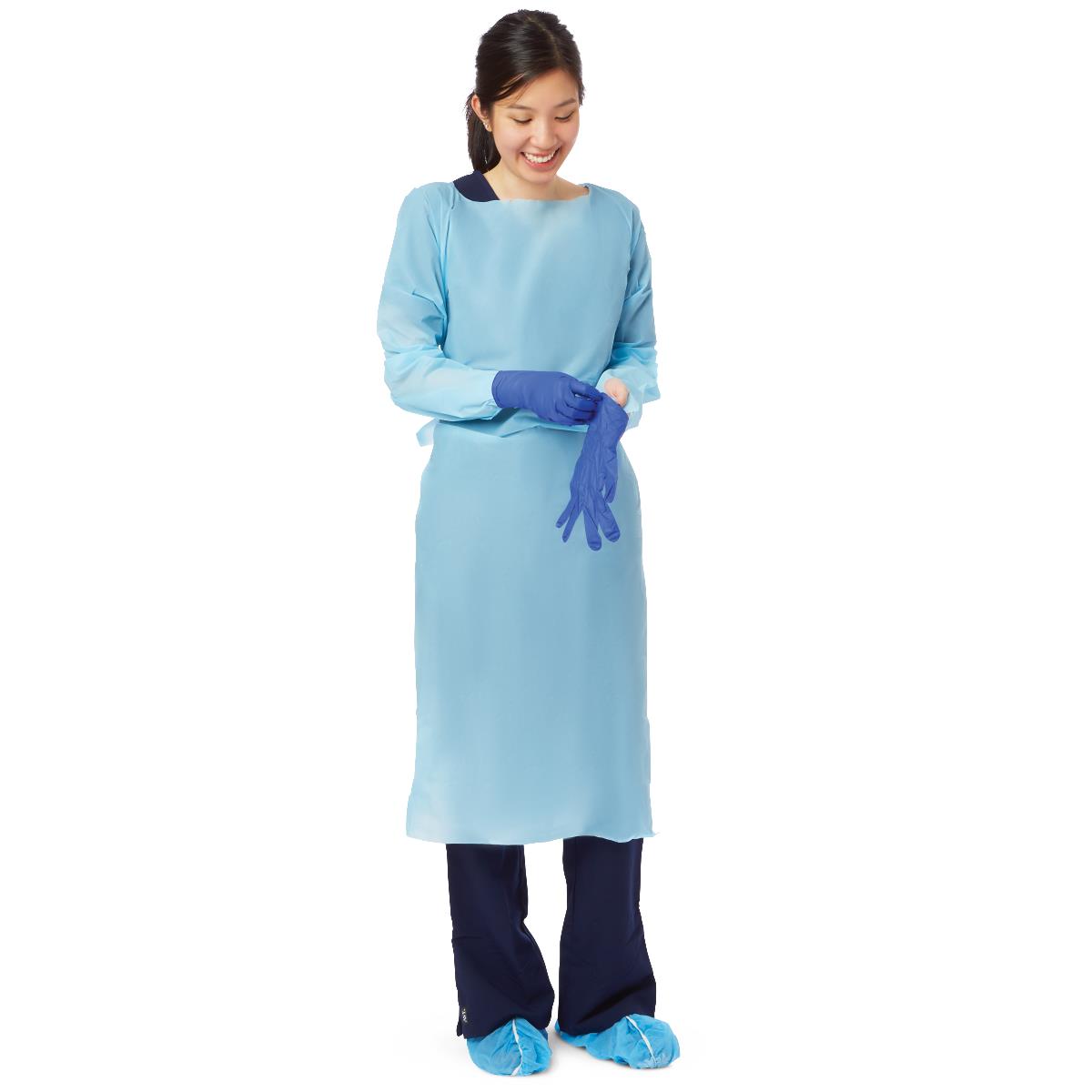 Medline Disposable PE Film Gowns - Open Back With Thumb Loops, Blue, XL (Case Of 75 Gowns)