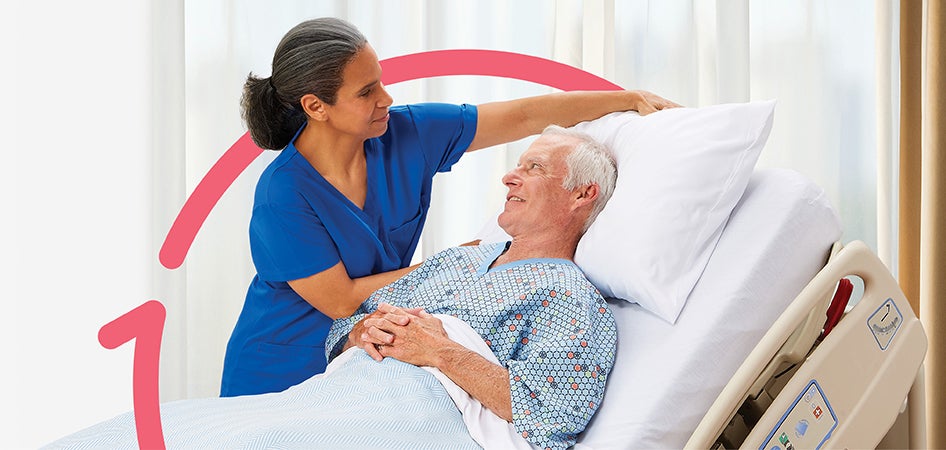 118147_PressureInjuries_banner_v2-mobile Nurse adjusts elderly patient’s hospital bed pillow.