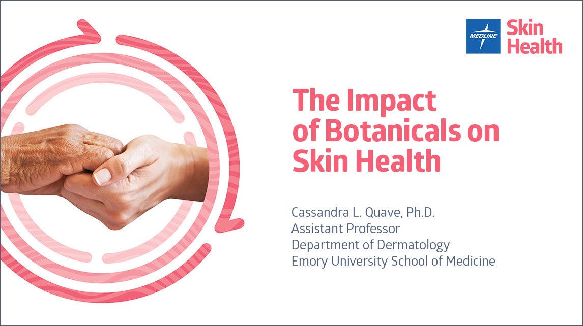 STK_TheImpactofBotanicals_webinar_OpeningSlide Young hand and elderly hand clasping in opening page of webinar titled “The Impact of Botanicals on Skin Health”.