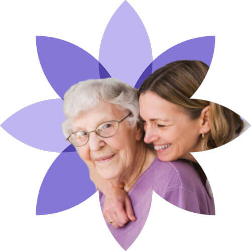 Adult daughter hugging her elderly mother inside a purple flower-shaped graphic, symbolizing continence care Adult daughter hugging her elderly mother inside a purple flower-shaped graphic, symbolizing continence care
