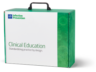 Medline Infection Prevention Clinical Education box with title reading standardizing practice by design Medline Infection Prevention Clinical Education box with title reading standardizing practice by design