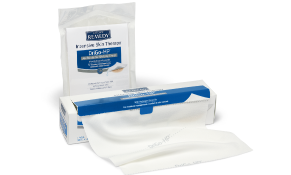 DriGO-HP Package of Medline Remedy Intensive Skin Therapy DriGo-HP Antibacterial Wicking Sheet and opened box.