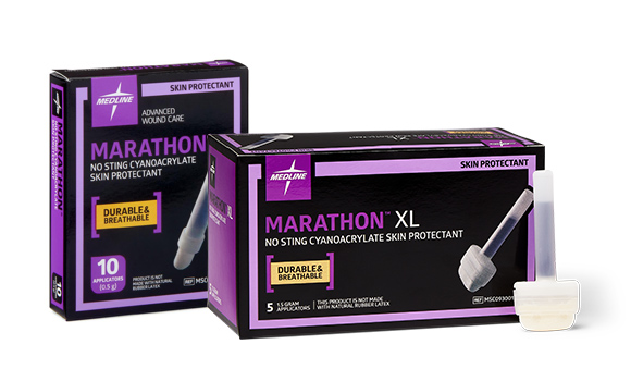 Marathon Two boxes depicting two sizes of Medline Marathon No-Sting Cyanoacrylate Skin Protectant, and an applicator of Marathon XL