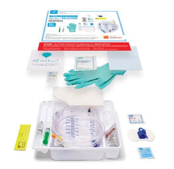 Total One Layer Kit Components of intermittent catheter tray laid out in order of use