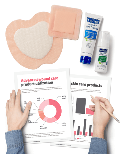 Person’s hands, one holding a pencil, resting on two documents; above, foam dressings and Medline skin care products Person's hands, one holding a pencil, resting on two documents; above, foam dressings and Medline skin care products