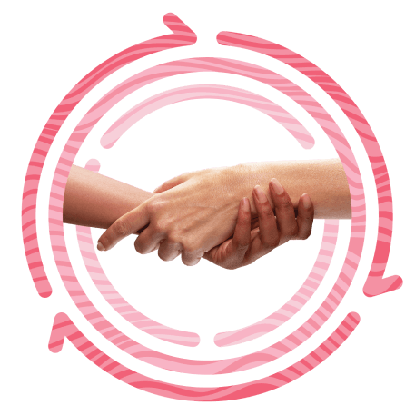 Two shaking hands, surrounded by three pink circles Two shaking hands, surrounded by three pink circles