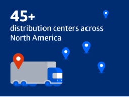 Graphic icon of semi truck with red and blue circles representing Medline's 45+ distribution centers across North America