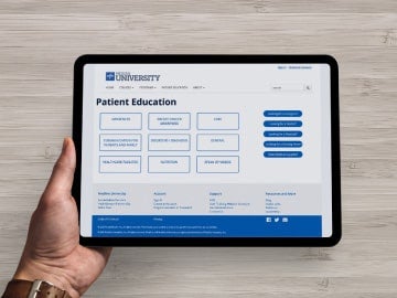 Close-up of tablet screen showing patient education resources offered by Medine University Illustration of open grey box with dollar sign in a blue gear representing higher tier GPO pricing