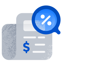 guaranteed-savings Illustration of grey invoice with blue dollar sign and white percent sign in blue magnifying glass to show saving money