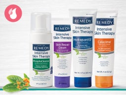 skin-care-regimen Grouping of Remedy Intensive Skin Therapy products; inset of pink moisture icon