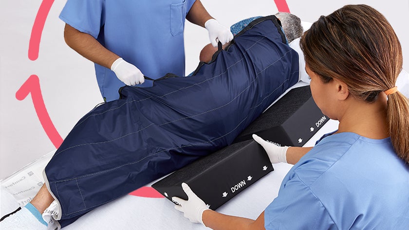 PAP_CGLIDESHEETNS_AD-with-Models_circle_840x473_RGB Clinician lifts patient with repositioning sheet, while another clinician uses a wedge under the patient.