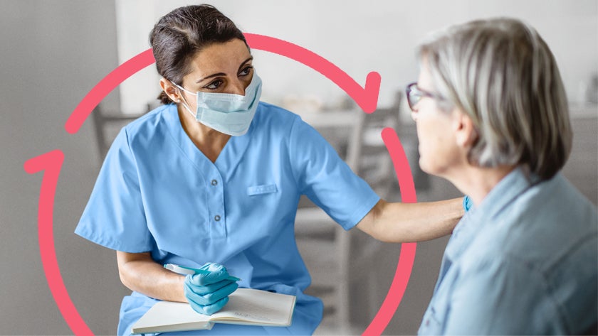 STK_SH_Patient-Centered-Care_RGB A female nurse with a pad and pen in her lap speaks to a woman