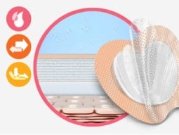 Illustration showing a close-up of the 5-layered foam dressing Illustration showing a close-up of the 5-layered foam dressing