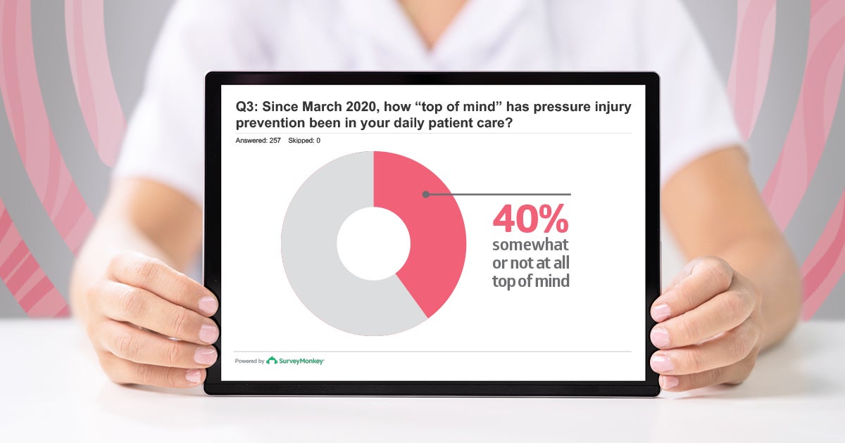STK_Nurses-reveal_RGB Nurse holding computer screen facing out, showing survey question and pie chart of response.